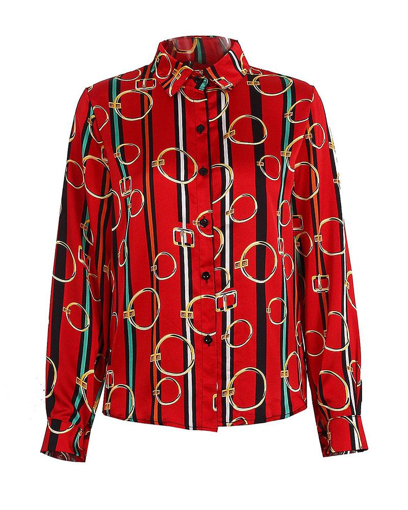 

Colorful Striped Printed Long Sleeve Shirt, Red
