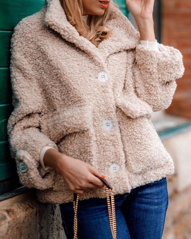

Button Pocket Design Long Sleeve Teddy Coat, Apricot