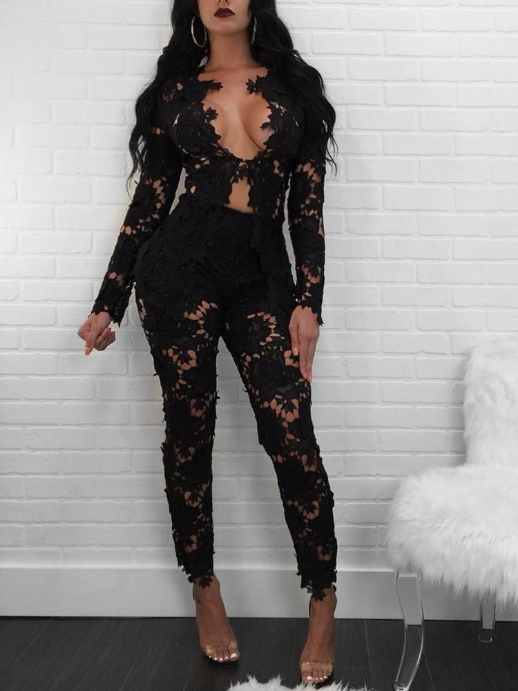 

Lace Crochet Open Front Blazer Pants Set, Black