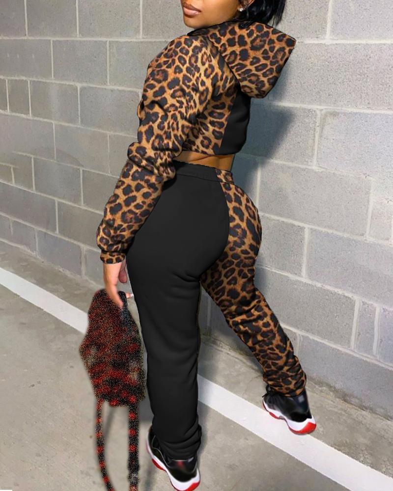 

Cheetah Print Colorblock Top & Eyelet Lace Up Pants Set, Leopard