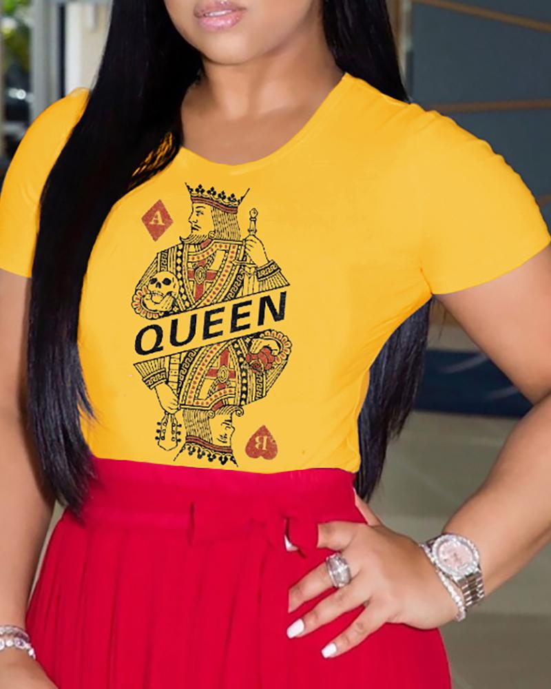 

Poker Print Short Sleeve Casual T-shirt, Yellow