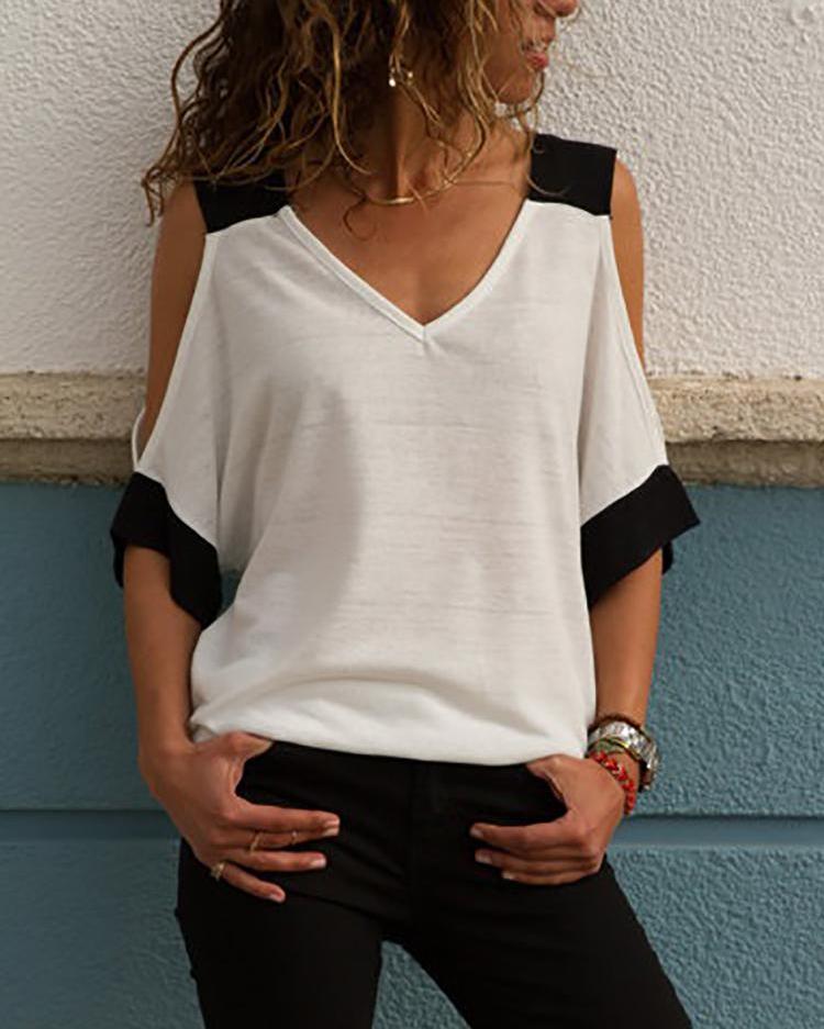 

Contrast Color V Neck Cold Shoulder T-Shirt, White