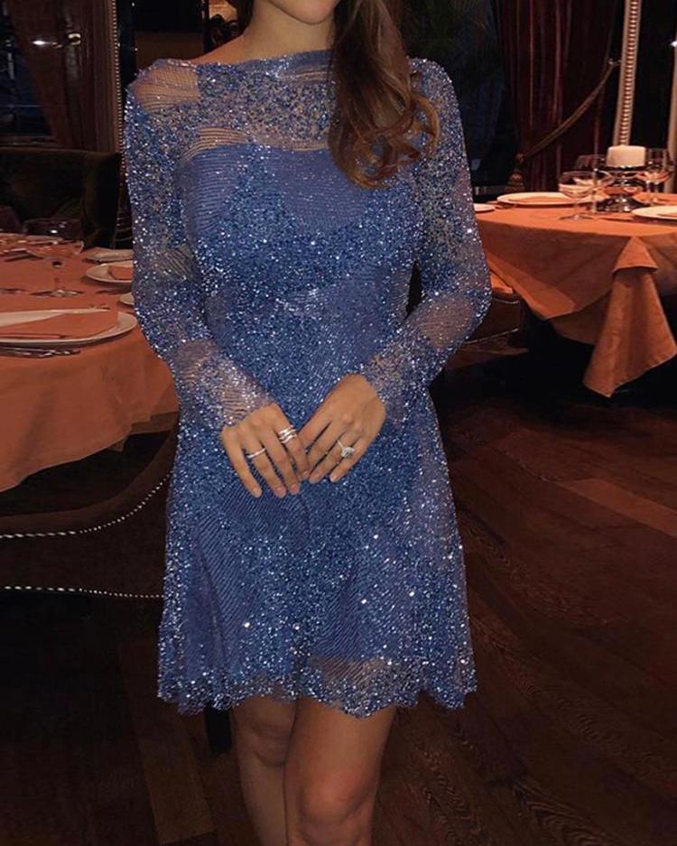 

Glittering See Through Distress Party Dress, Blue