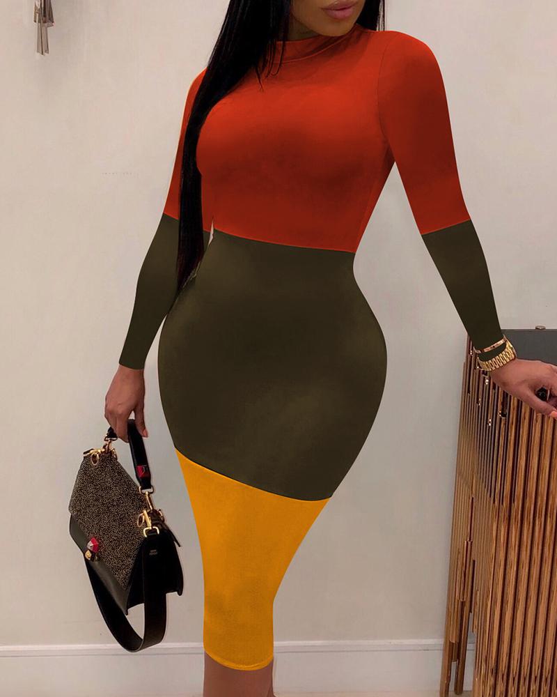 

Colorblock Long Sleeve Bodycon Dress, Green