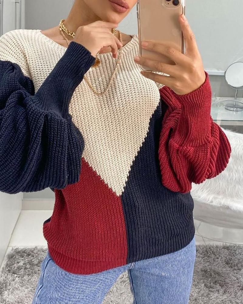 

Colorblock Lantern Sleeve Knit Sweater, Red