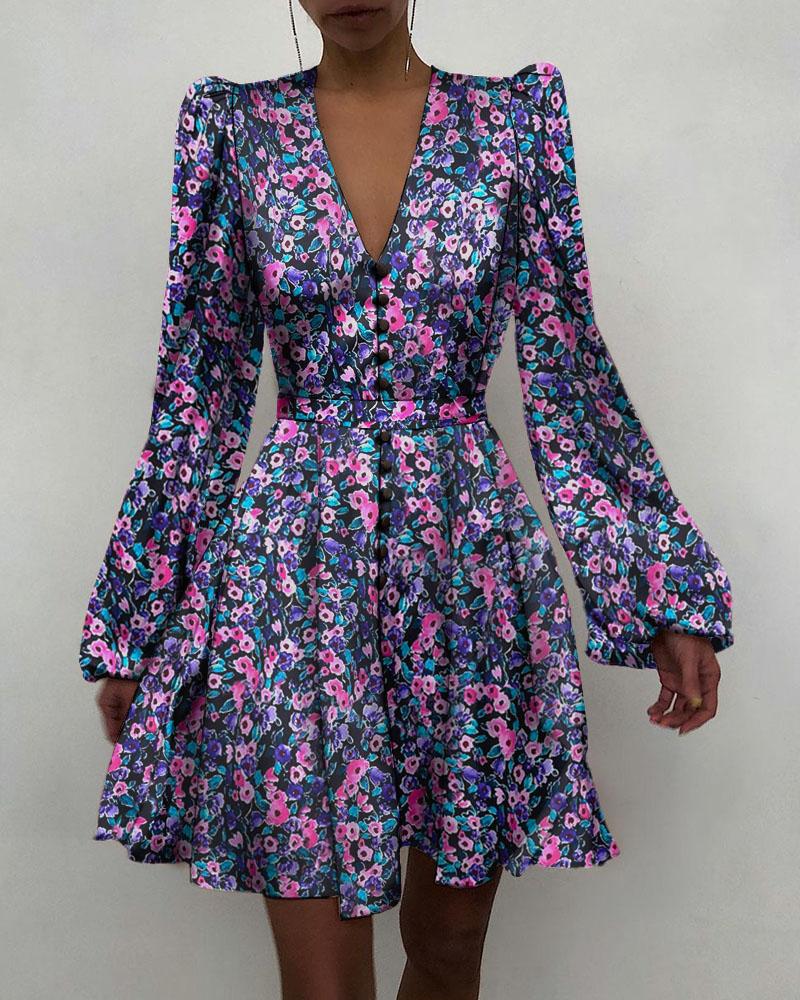 

Floral Print Puff Sleeve Button Front Ruffle Hem Dress, Multicolor