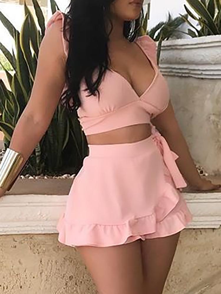 

Ruffle Trim Cropped Top&Tie Skirts Set