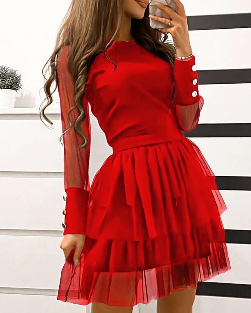 

Sheer Mesh Button Design Layered Dress, Red