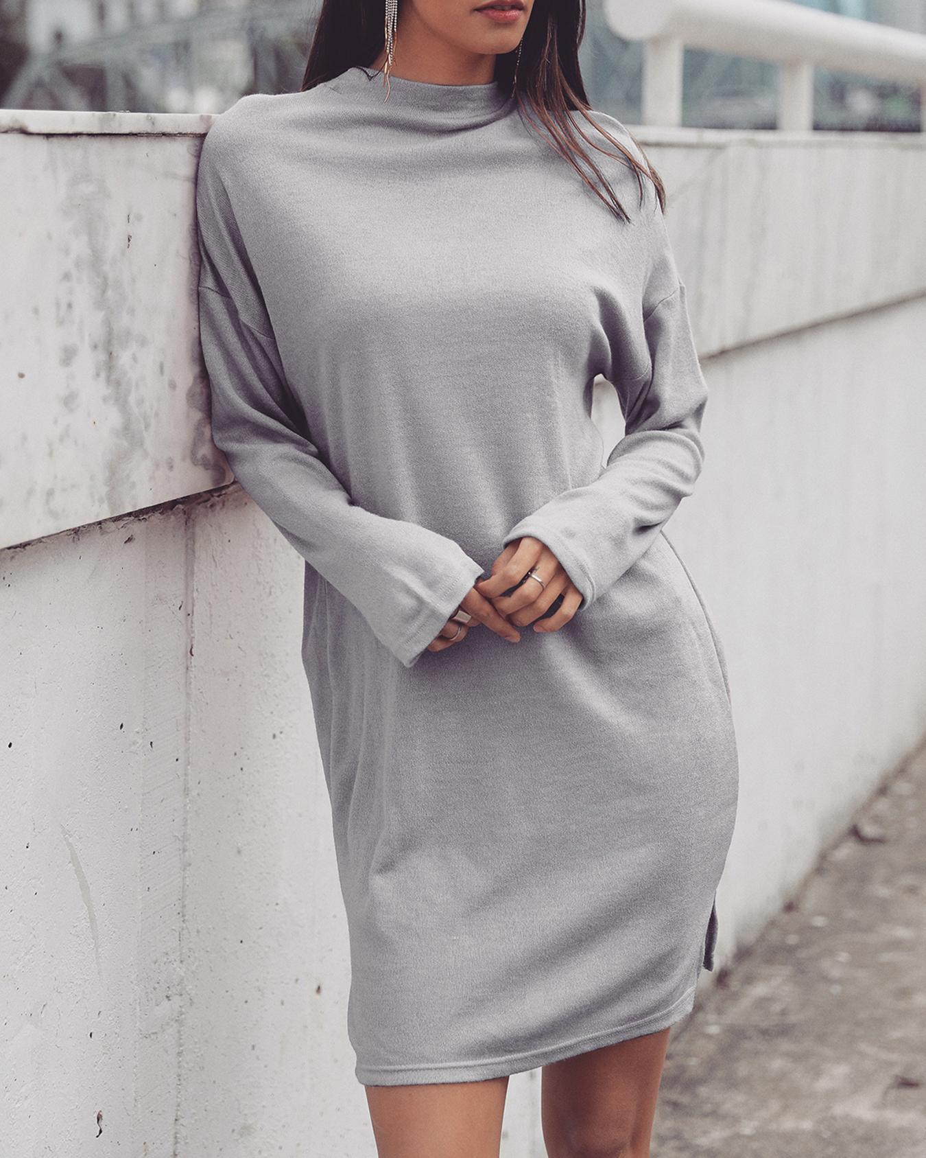 

Solid High Neck Slit Casual Dress, Gray