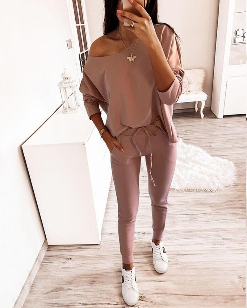 

One Shoulder Top & Pants Set, Pink