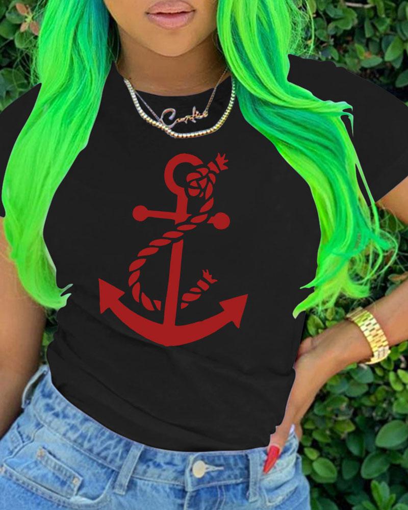 

Boat Anchor Rope Print Casual T-shirt, Black