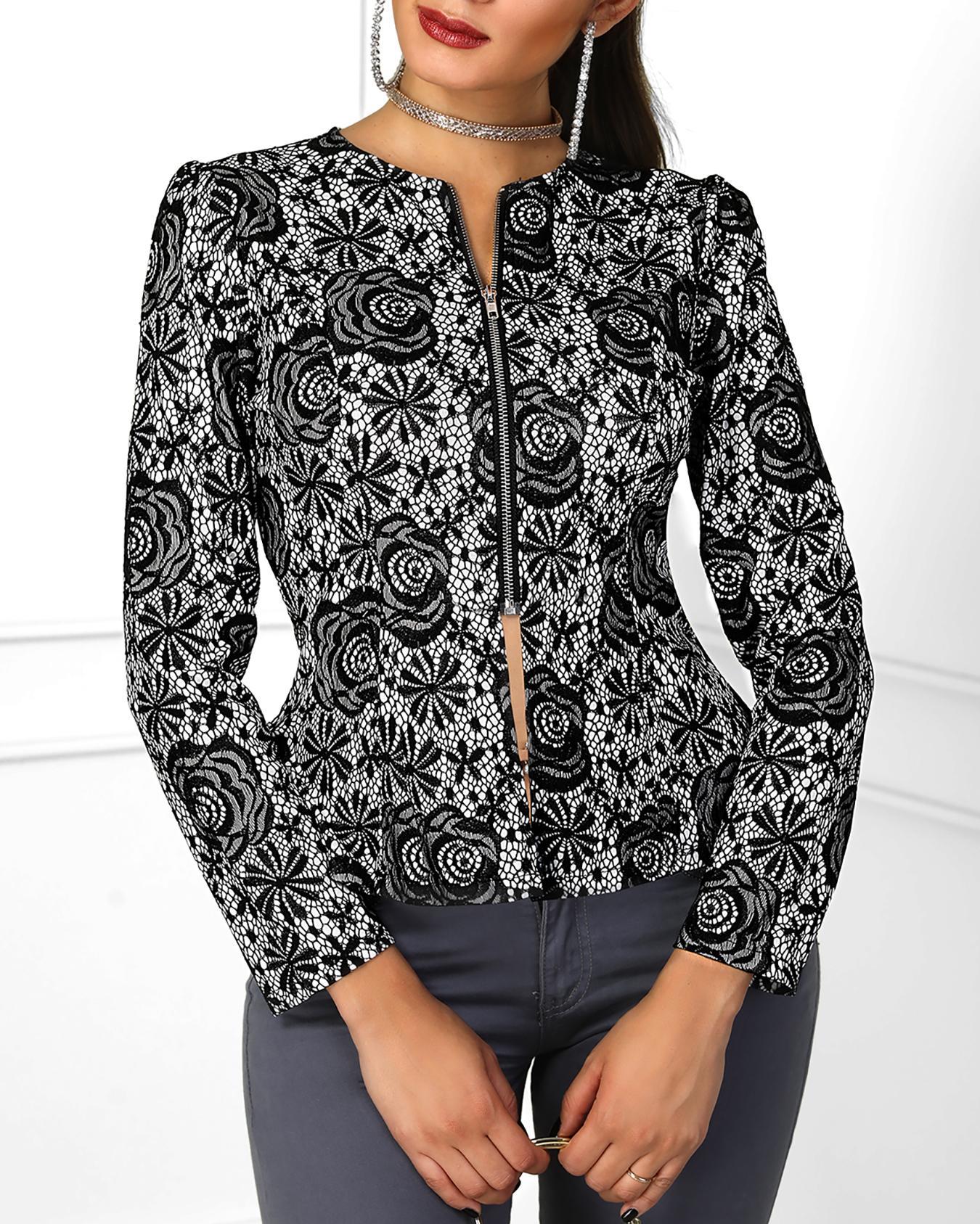 

Zip Up Long Sleeve Lace Coat, Black