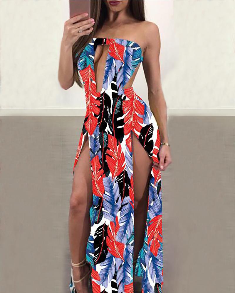 

Leaf Print Cutout High Slit Strapless Maxi Dress, Red