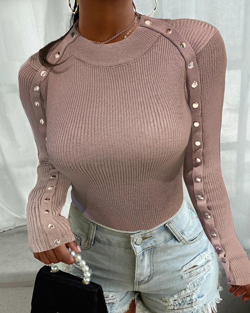 

Buttoned Plian Long Sleeve Knit Sweater, Khaki