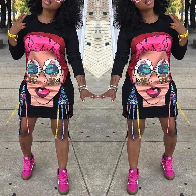 

Fashion Cartoon Print Long Sleeve Casual Dress, Wine red;white;black