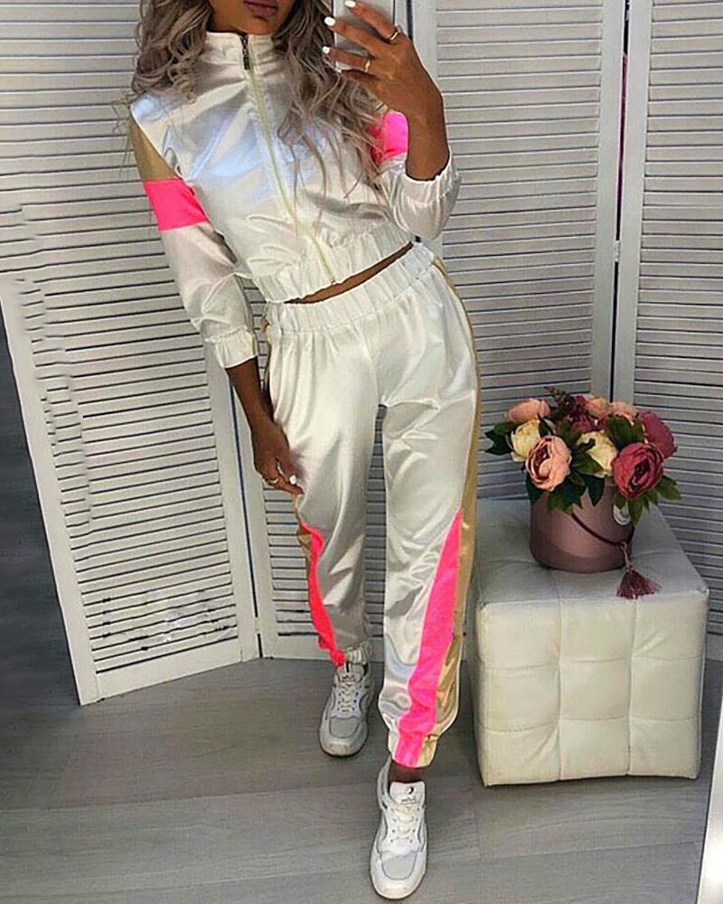 

Striped Tape Colorblock Zip Top & Pants Set, White