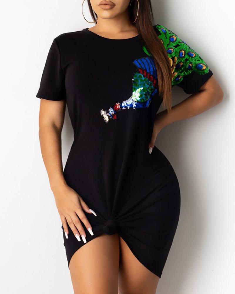 

Peacock Pattern Print Short Sleeve Casual Dress, Black