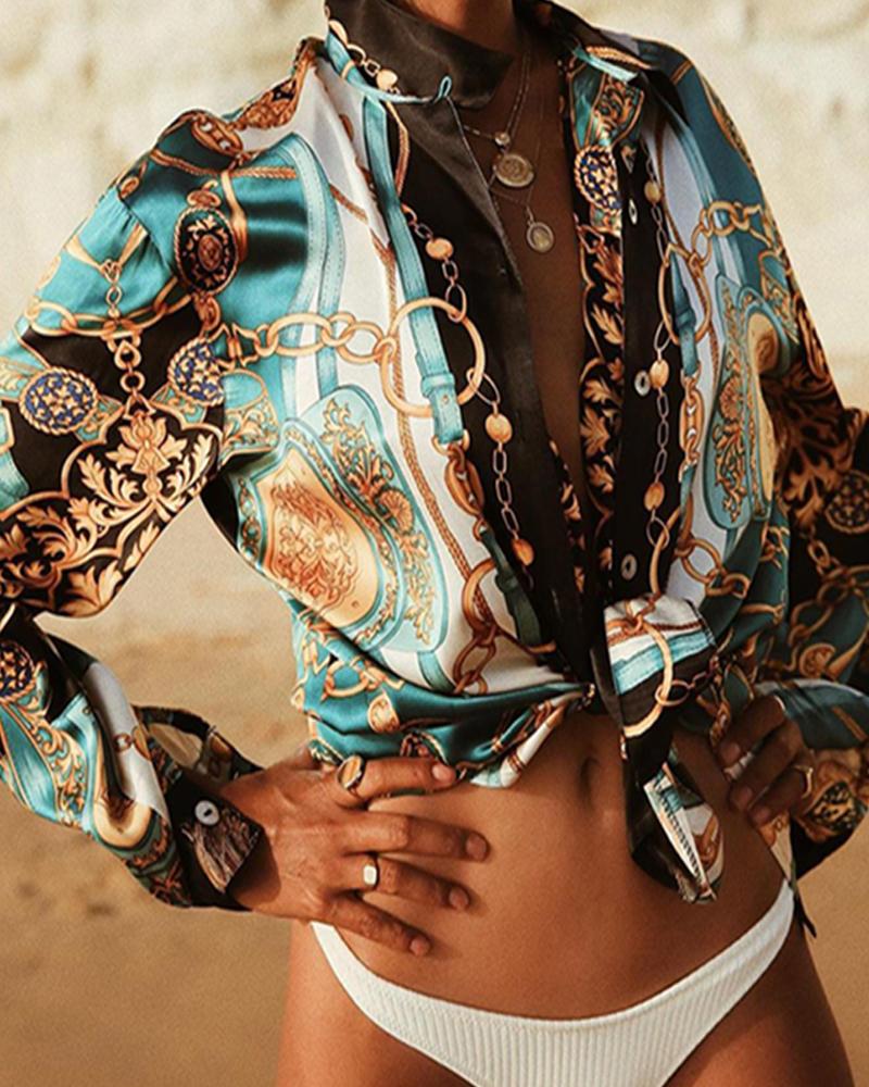 

V-neck Retro Printed Long-sleeved Shirt, Multicolor