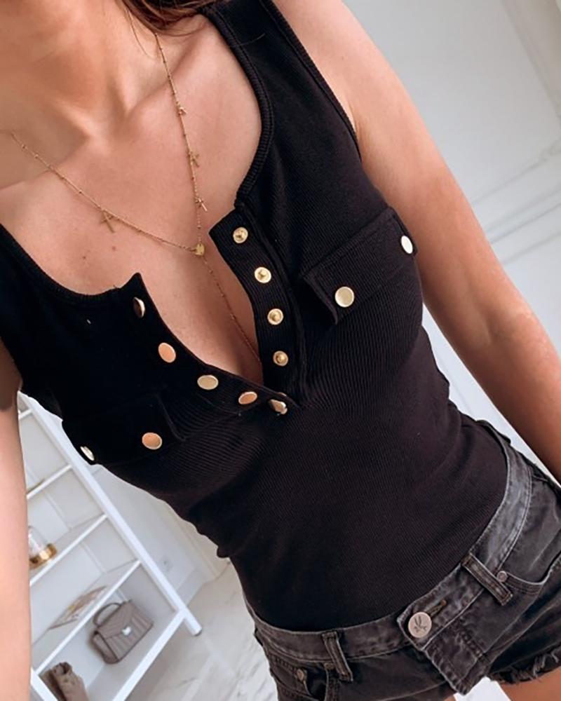 

Metal Buttoned Ribbed Sleeveless Top, Black
