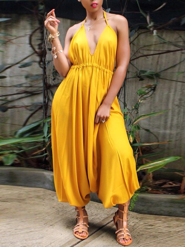 

Solid Halter V Neck Backless Harem Jumpsuit