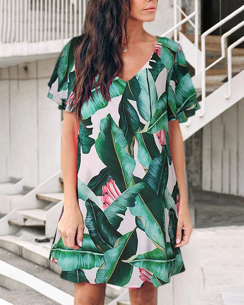 

V-neck Floral Leaf Print Dress, Green