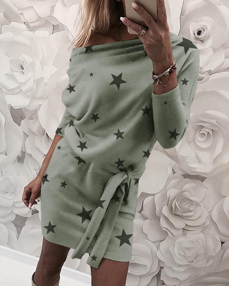 

Star Print Cold Shoulder Long Sleeve Dress, Gray