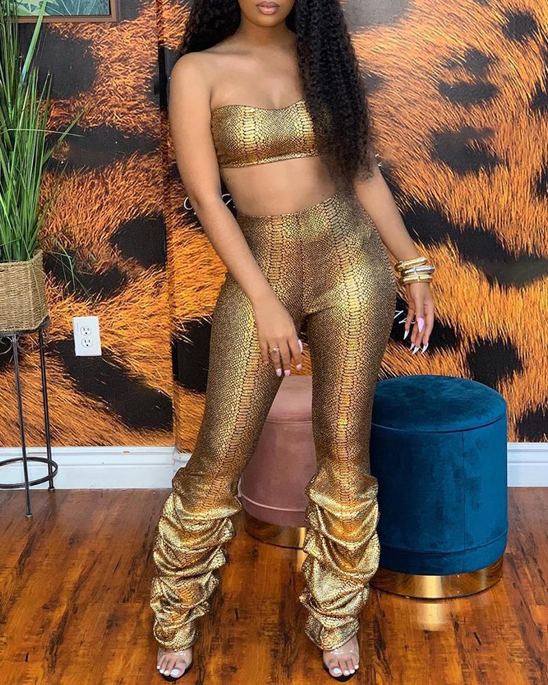 

Glitter Tube Sleeveless Tank & High Waist Ruched Pants Sets, Gold