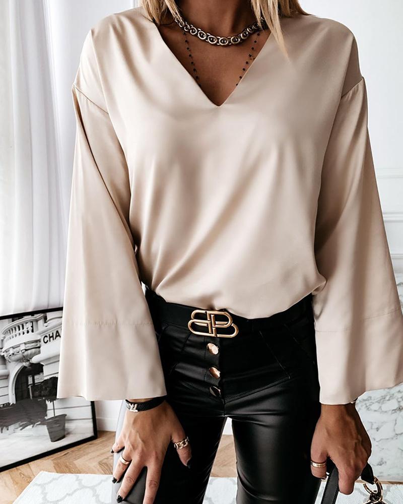 

Solid Long Bell Sleeve Satin Blouse, Apricot