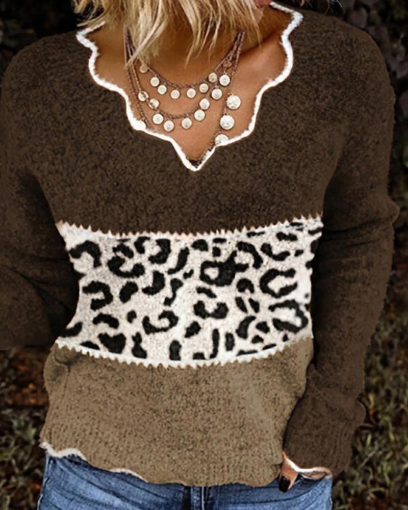 

Cheetah Print Wave Trim Long Sleeve Knit Sweater, Coffee