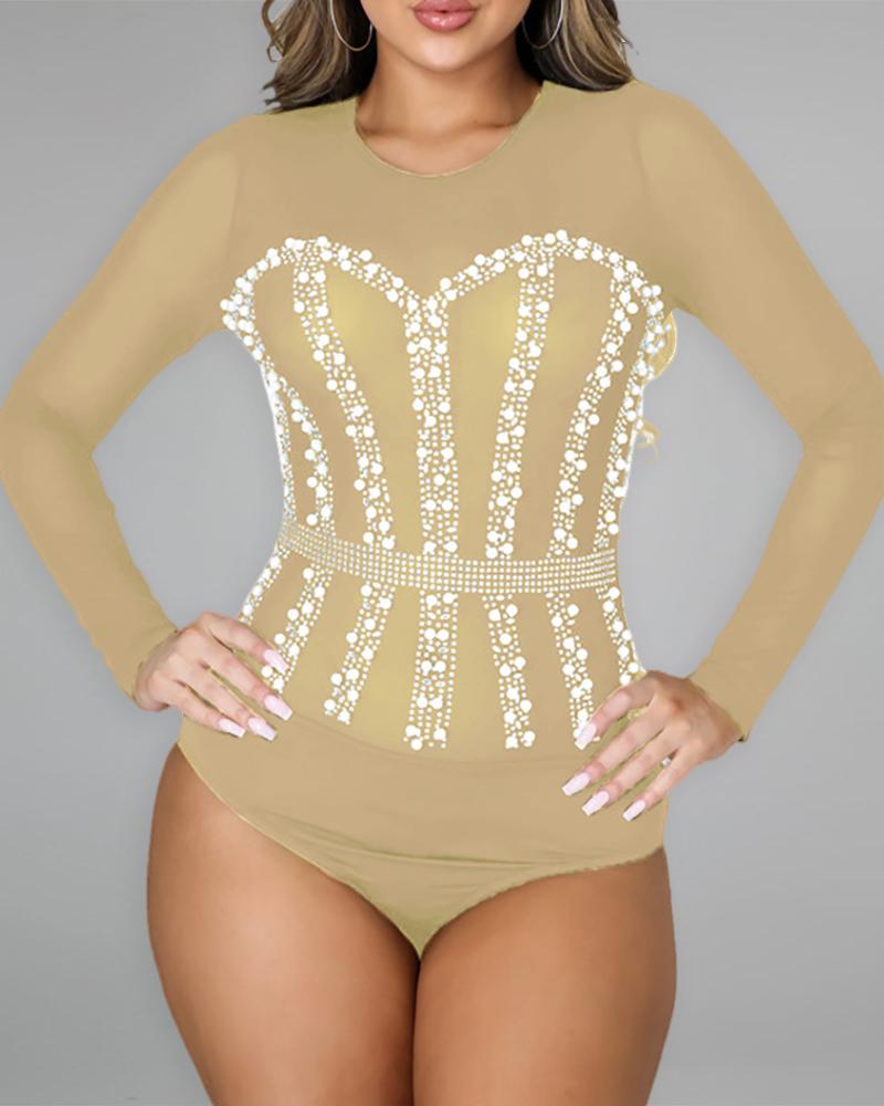 

Studded Beaded Long Sleeve Skinny Bodysuit, Apricot