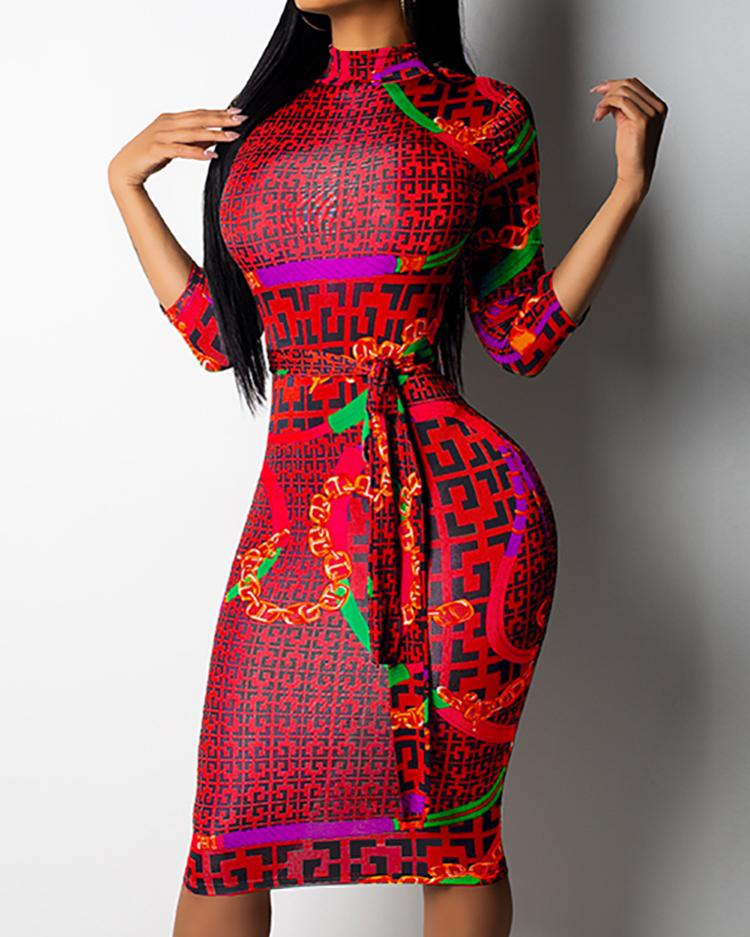 

Digital Print Belted Midi Dress, Red
