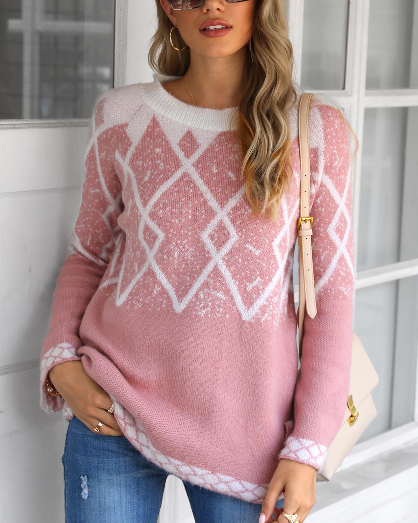 

Knit Colorblock Long Sleeve Casual Sweater, Pink