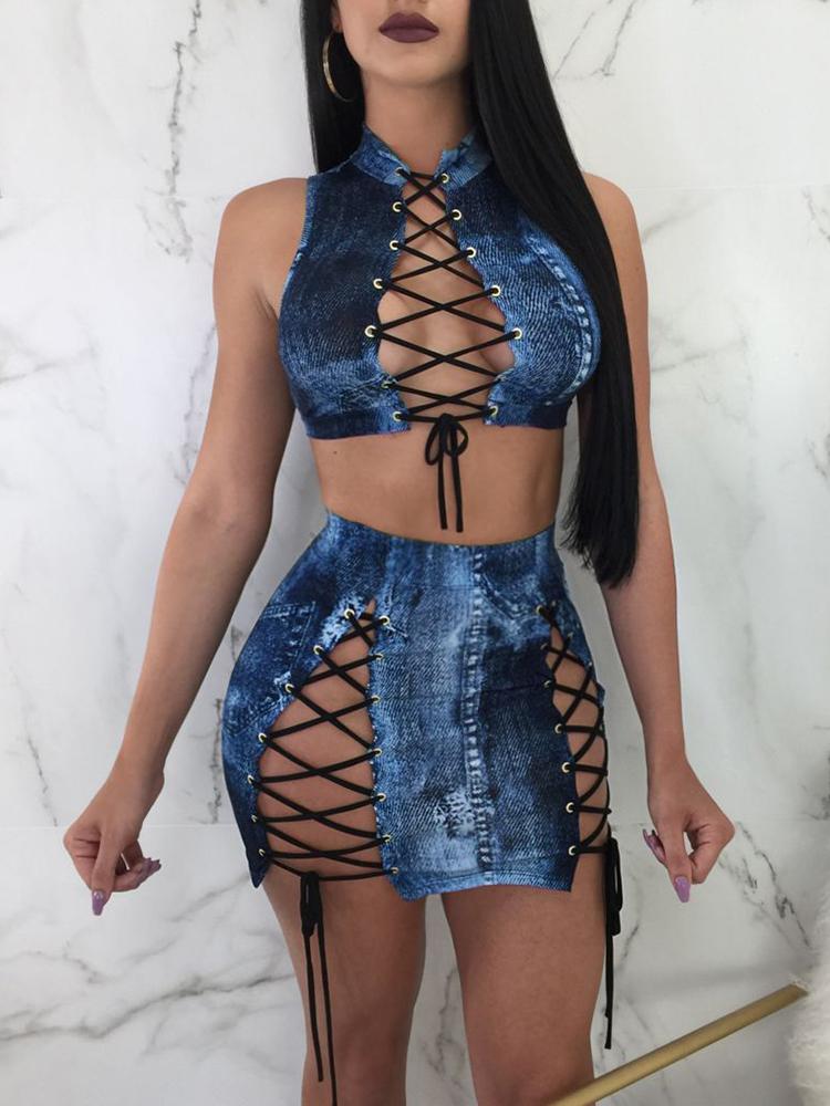 

Sexy Denim Pint Lace Up Set