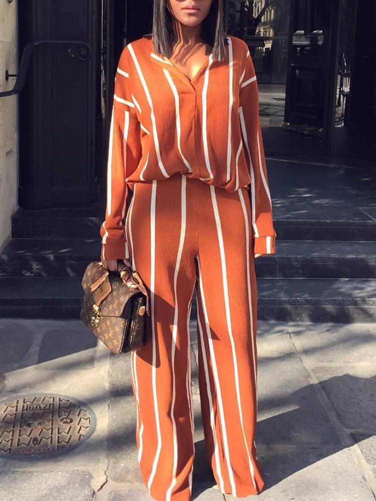 

Contrast Stripes Long Sleeve Blouse & Pants Sets