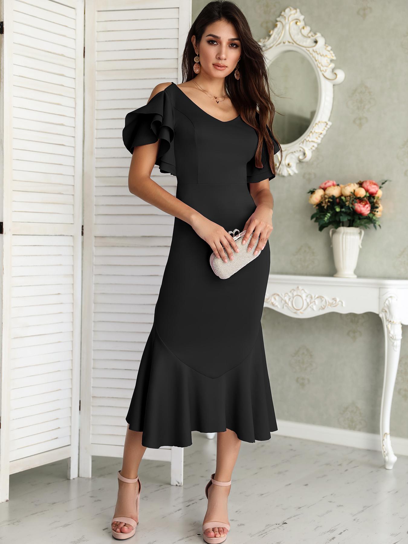 

Solid Ruffles Backless Fishtail Maxi Dress