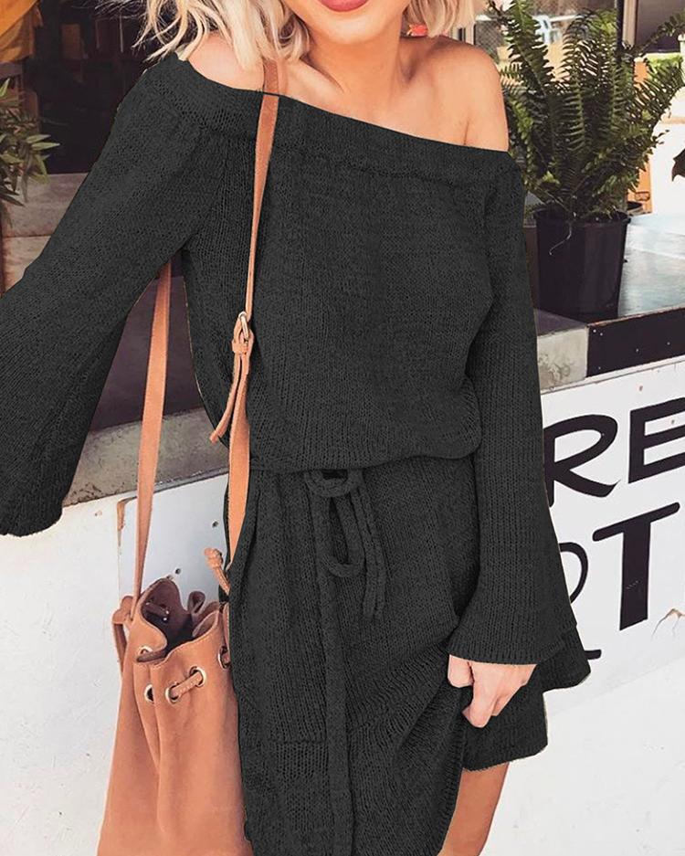 

Off Shoulder Tied Waist Knitted Mini Dress, Black