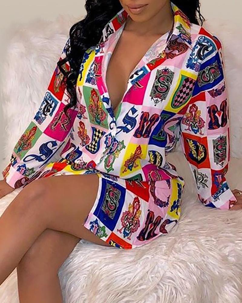 

Mixed Print V Neck Long Sleeve Shirt Dress, Multicolor