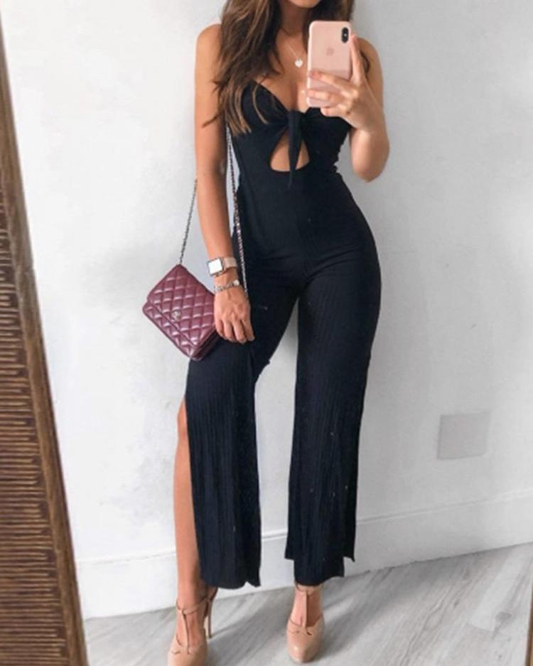 

Stylish Bowknot Cutout Solid Slip Jumpsuit, Black