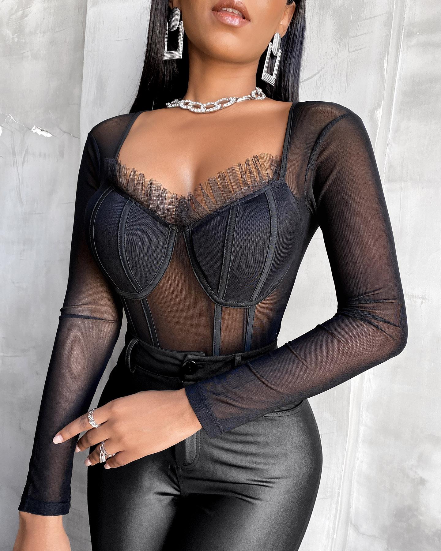 

Sheer Mesh Lace Long Sleeve Bodysuit, Black