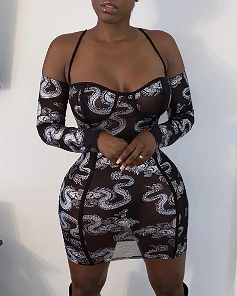 

Off Shoulder All Over Print Bodycon Dress, Black