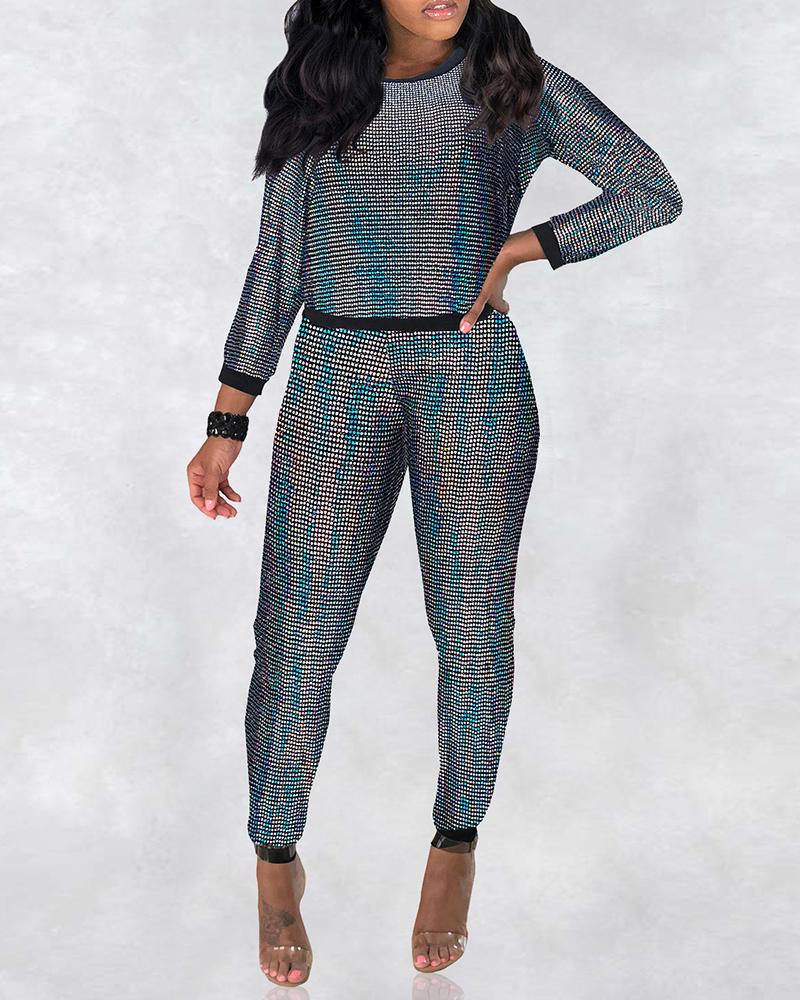 

Glitter Long Sleeve Top & Pants Sets, Silver