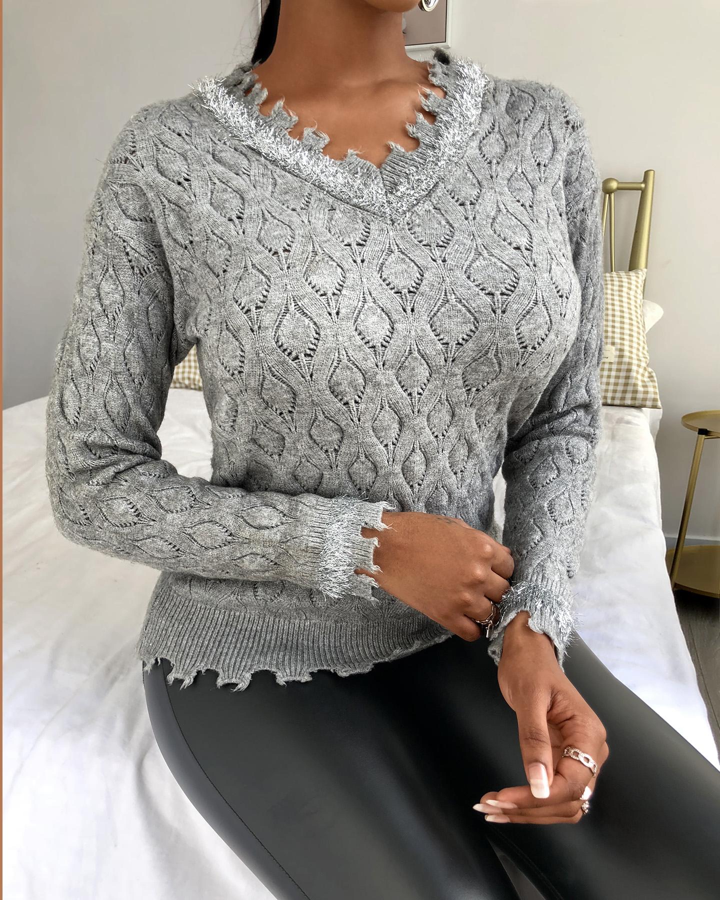 

Plain Long Sleeve Hollow Out Sweater, Gray