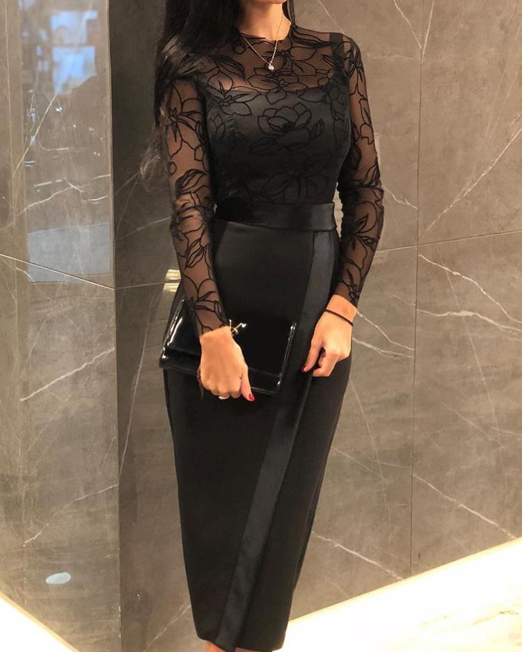 

Sheer Mesh Insert Slit Bodycon Dress, Black