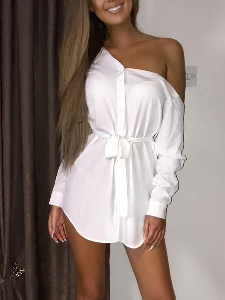 

One Shoulder Belted Curved Hem Shirt Dress, White