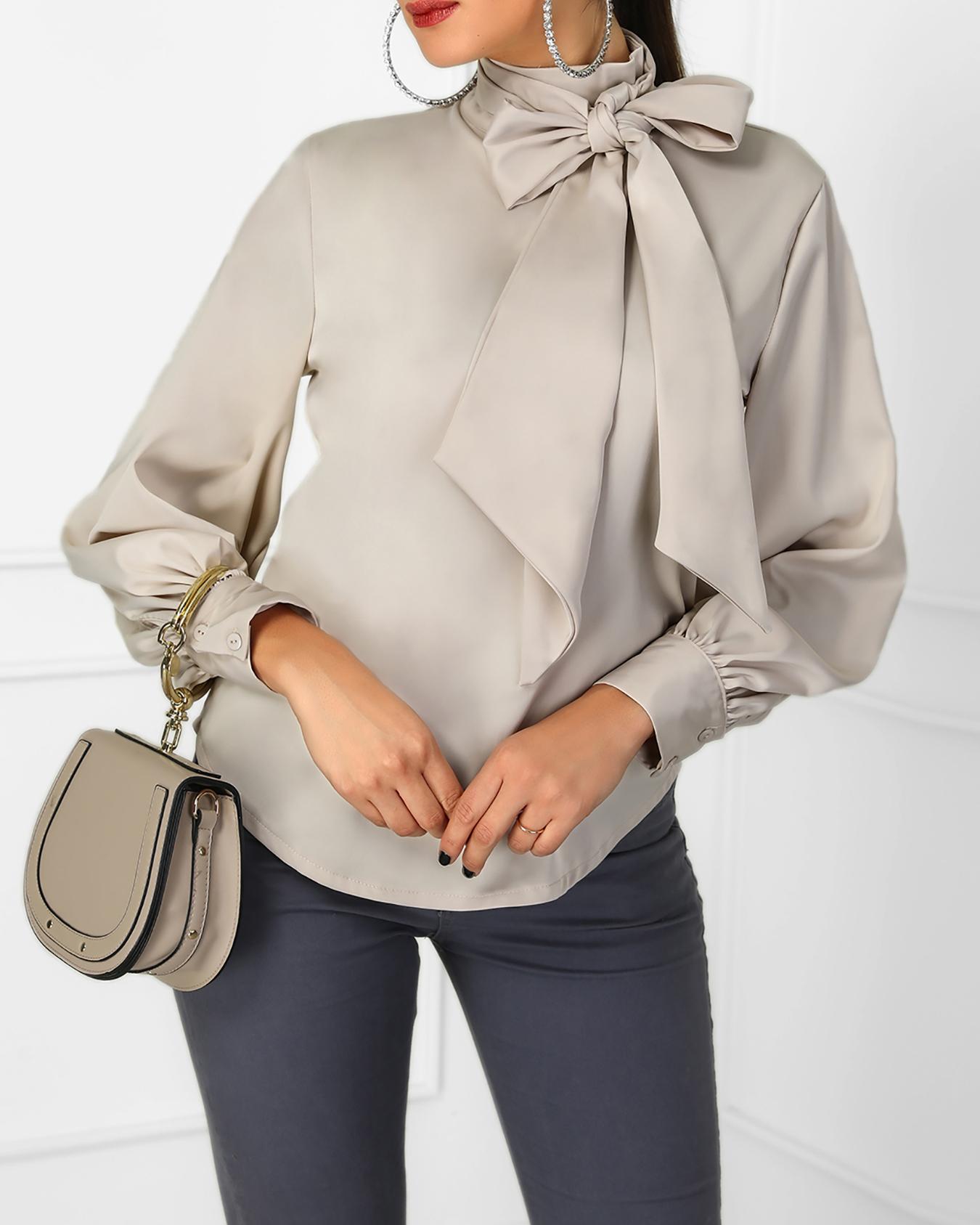 

Lantern Sleeve Tied Neck Casual Shirt, Apricot