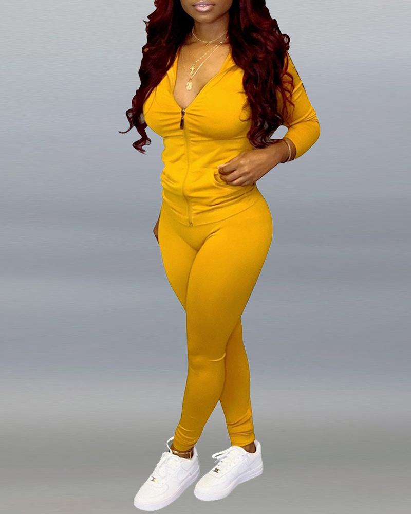 

Solid Hooded Zipper Top & Pants Set, Yellow