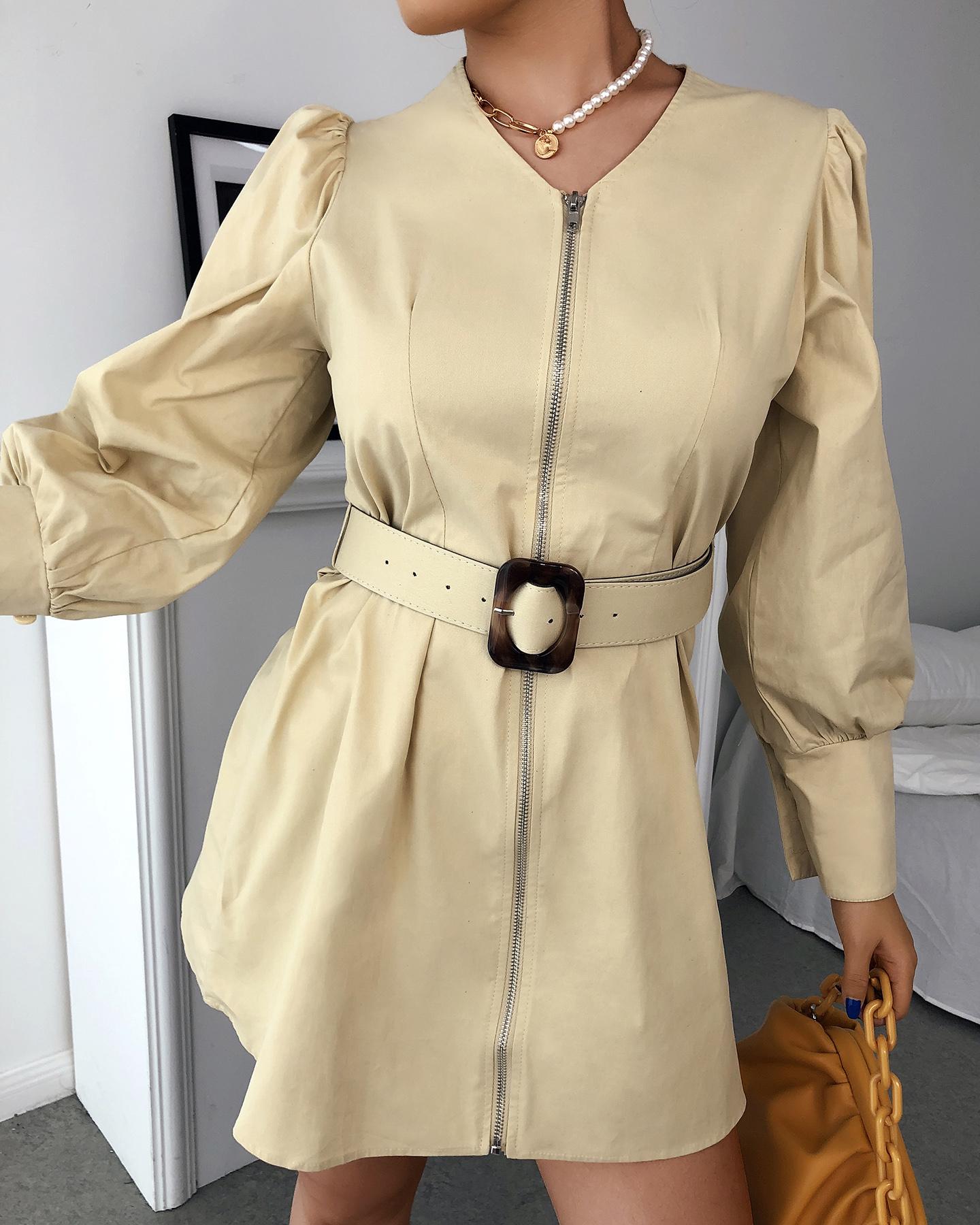 

Plain Puff Sleeve Zipper Front Dress, Khaki