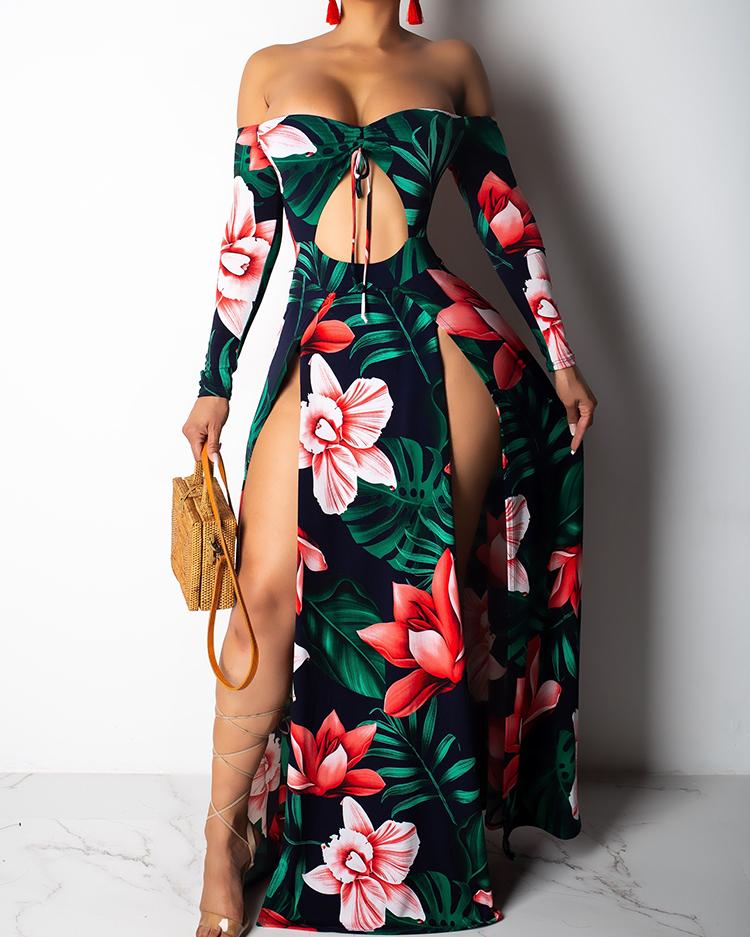 

Off Shoulder Floral Print Slit Maxi Dress, Green