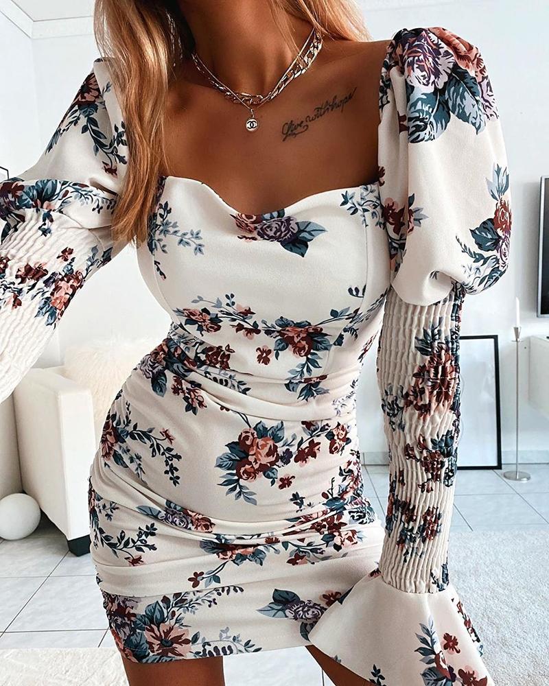 

Floral Print Shirring Puff Sleeve Bodycon Dress, White