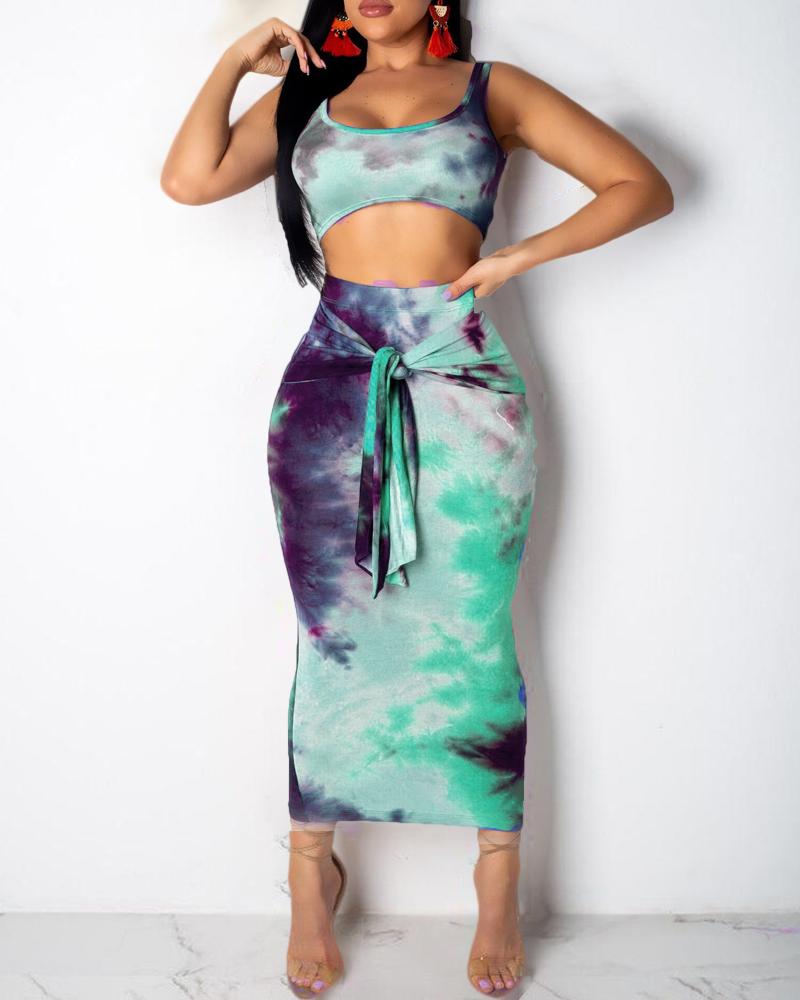 

Tie Dye U-Neck Crop Top & Sllinky Skirt Sets, Green